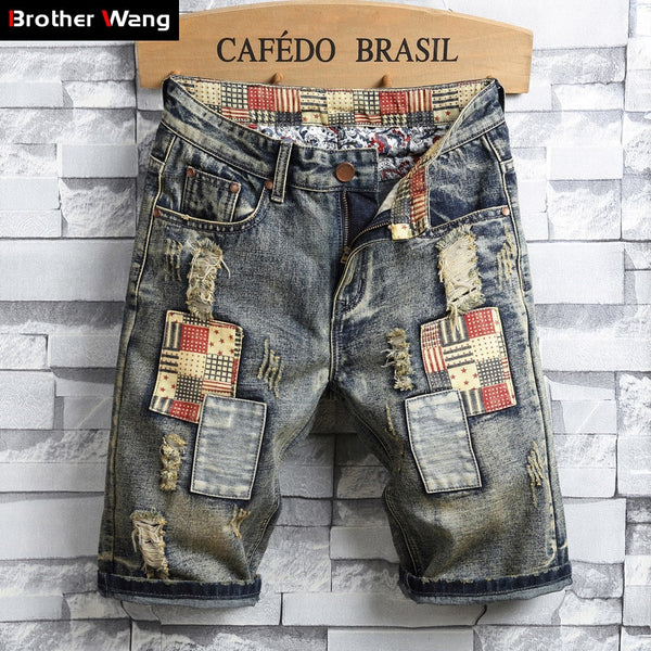 Men's Retro Style Ripped Denim Shorts Casual Hole Patch Jean Shorts