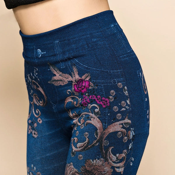 Women's Flowers Printed Jeans Leggings Autumn Slim Cotton High Waist Jeggings Ladies Fake Jeans Trousers Leggings Legency