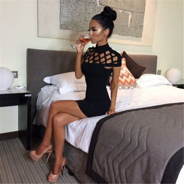 Women's Sexy Hollow Out High Neck Dress Ladies Body-con Slim Short Sleeve Evening Party Pencil Mini Dress