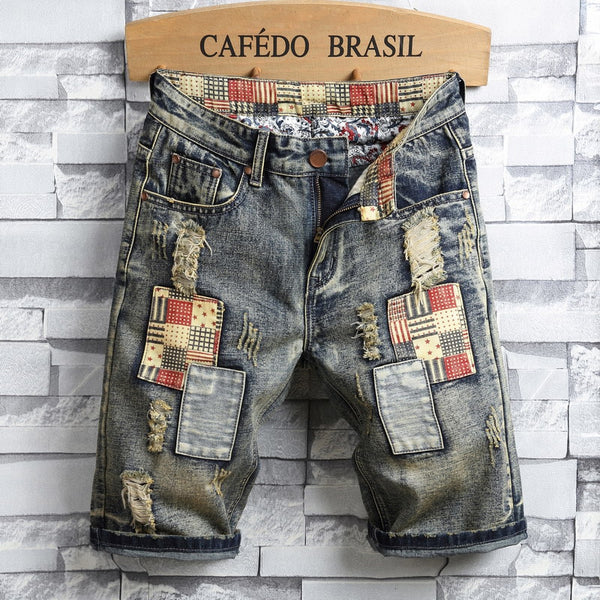 Men's Retro Style Ripped Denim Shorts Casual Hole Patch Jean Shorts