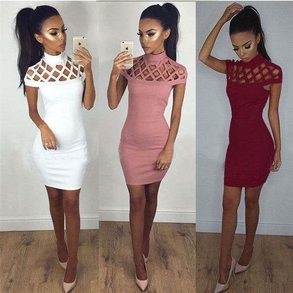 Women's Sexy Hollow Out High Neck Dress Ladies Body-con Slim Short Sleeve Evening Party Pencil Mini Dress