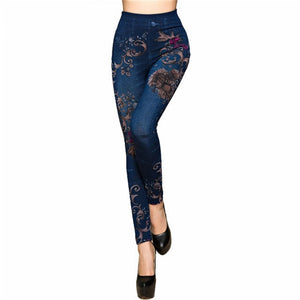 Women's Flowers Printed Jeans Leggings Autumn Slim Cotton High Waist Jeggings Ladies Fake Jeans Trousers Leggings Legency