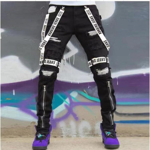Patch and Straps Hip Hop Men's Pencil Jeans Trousers Hole Ripped Slim Punk Goth Denim Pants