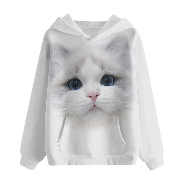 Streetwear Hoodie Female Kawaii Cat 3d Print Sweatshirt Thicken Long Sleeve Pocket Sweater Comfy O Collared Tops