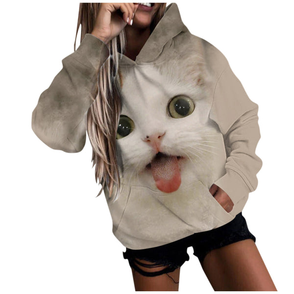 Streetwear Hoodie Female Kawaii Cat 3d Print Sweatshirt Thicken Long Sleeve Pocket Sweater Comfy O Collared Tops