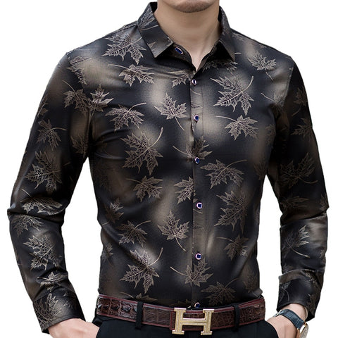 Men's Autumn Social Long-sleeved Maple Leaf Designer Shirt Office Men's Slim Retro Fashion Top Men's Shirt Party Clothing