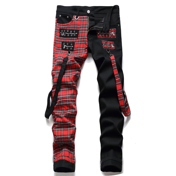 Red Plaid Patchwork Men's Pencil Jeans Y2K Buckle Hip Hop Gothic Slim Denim Pants
