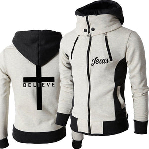 Men's I Believe Jesus Logo High Collar Winter Jacket Casual Jesus Christ Zipper Hooded Hoodie(3 Colors) S-4XL