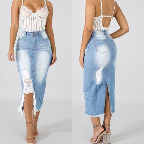 Women's Skirt High Waist Ripped Split Denim Distressed Jeans Body con Long Skirt suitable for Daily Life