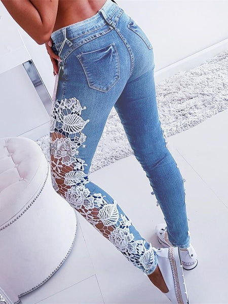 Lace Floral Crochet Hollow-Out Jeans Autumn Women Elegant Sexy Denim Pencil Skinny Jeans