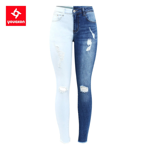 Double Color Patchwork Ripped Knees Jeans Women's Stretchy Denim Pants Jeans For Women