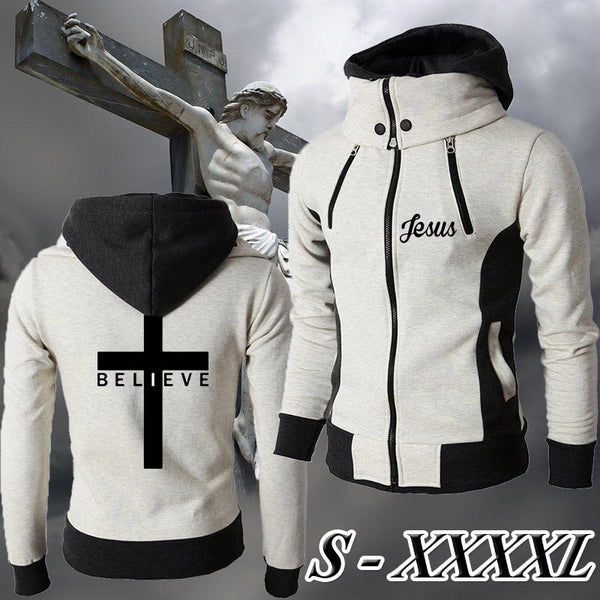 Men's I Believe Jesus Logo High Collar Winter Jacket Casual Jesus Christ Zipper Hooded Hoodie(3 Colors) S-4XL