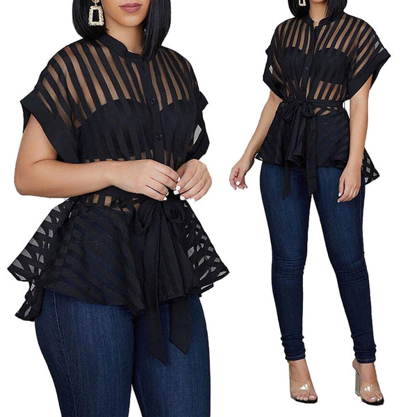 Women's Sexy Flared Tops Perspective Striped Tops Fashion Short Sleeve Blouse With Waist Belt
