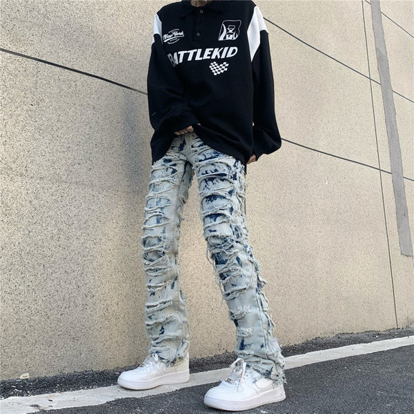 Ripped heavyweight fried street tattered men's jeans straight fitting pants