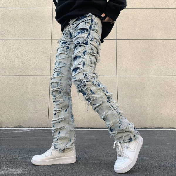 Ripped heavyweight fried street tattered men's jeans straight fitting pants