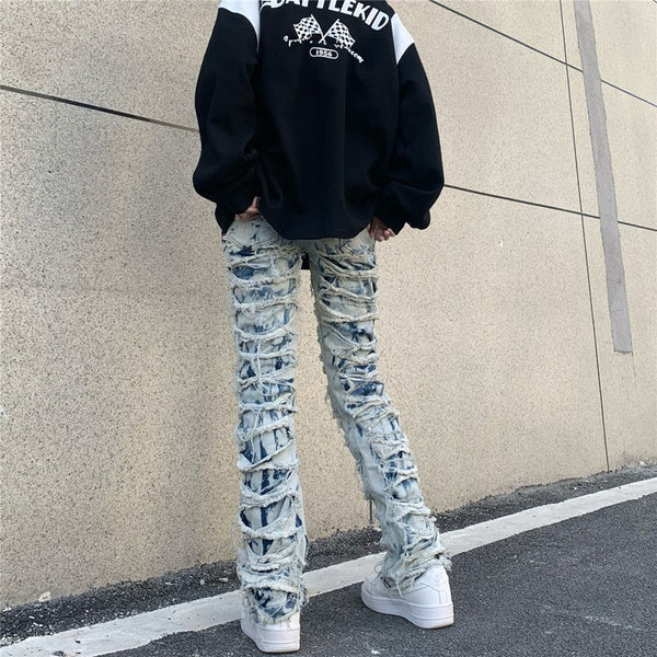 Ripped heavyweight fried street tattered men's jeans straight fitting pants