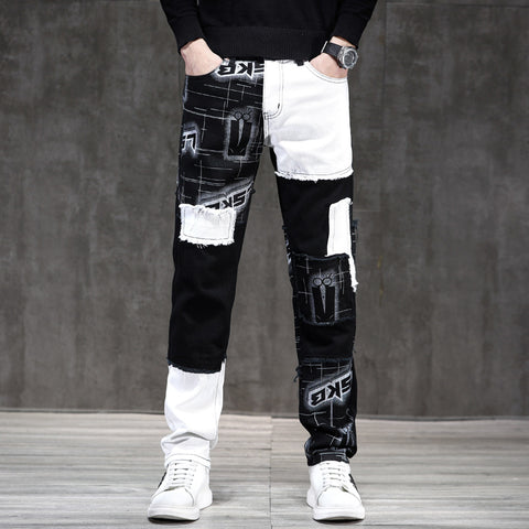 Men's Spring and Autumn New Vintage Color Block Jeans Trendy Casual Stretch Long Pants