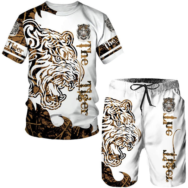 3D Printed Tiger Men's T-shirt Sets Short-Sleeve Lion O-Neck Beach Suit