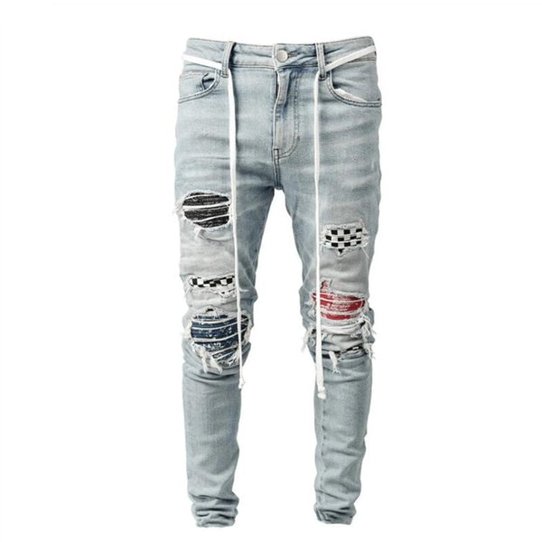 Men's Skinny Ripped Jeans Fashion Grid Beggar Patches Slim Fit Stretch Casual Denim Pencil Pants