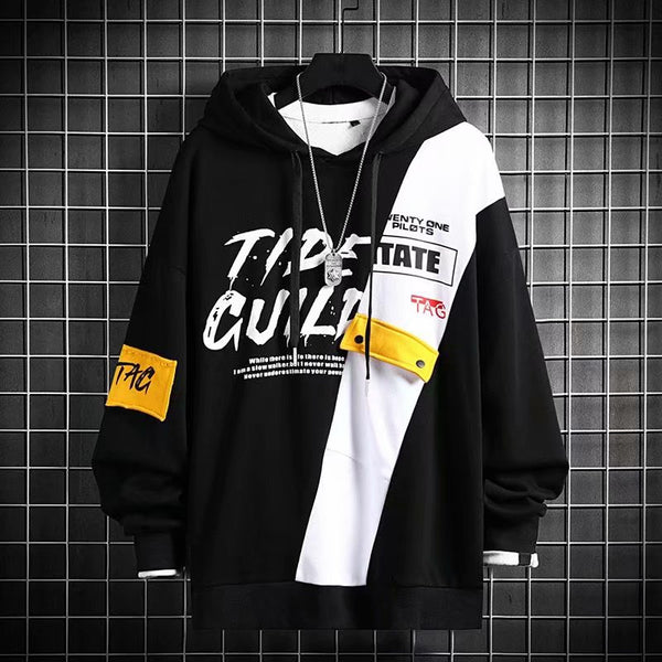 Autumn Men's Hoodie Sweatshirt Casual Black Hoodies Tops Techwear Hip Hop Harajuku Patchwork Streetwear