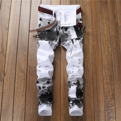 Men's Slim Fit Flower Pants Fashion Elastic Small Feet Casual Pants American Style Digital Printing Pants