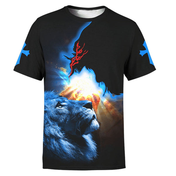 Christ Jesus And Lion 3D Print Men's T-shirts 0-Neck Short Sleeve Streetwear