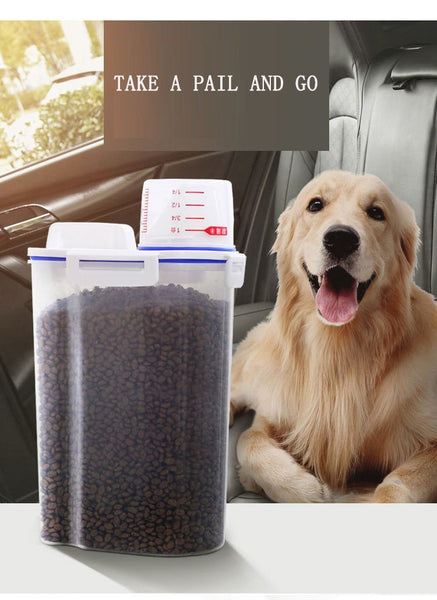 Dog Or Cat Plastic Food Pail Storage Tank with Measuring Cup Moisture-proof Sealed Container