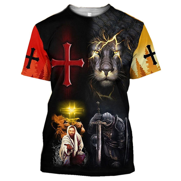 Christ Jesus And Lion 3D Print Men's T-shirts 0-Neck Short Sleeve Streetwear