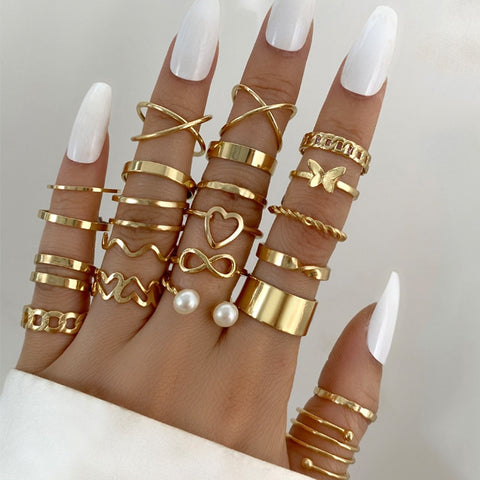 Modyle Boho Gold Color Heart Rings Set For Women Vintage Geometric Cross Pearl Butterfly Finger Rings Female Trendy Jewelry Gift