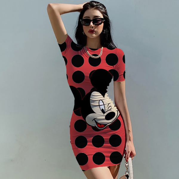 Disney Minnie & Mickey Mouse Bow Print Dress Short Sleeve Casual