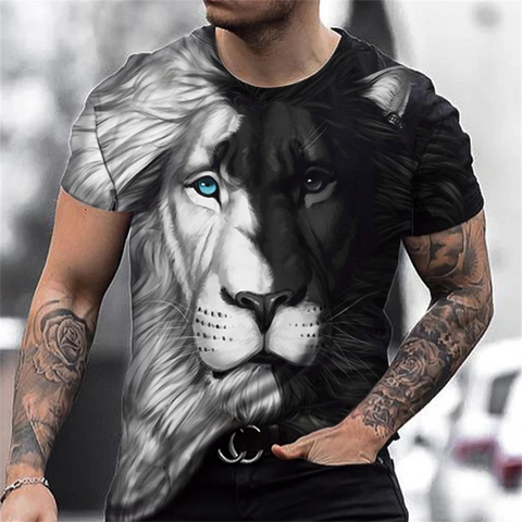 Lion Print 3D Graphic T-Shirts Short Sleeve Black and White Design Polyester