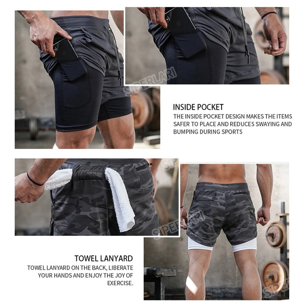 Men's Camo Running Shorts 2 In 1 Double-deck Quick Dry GYM shorts