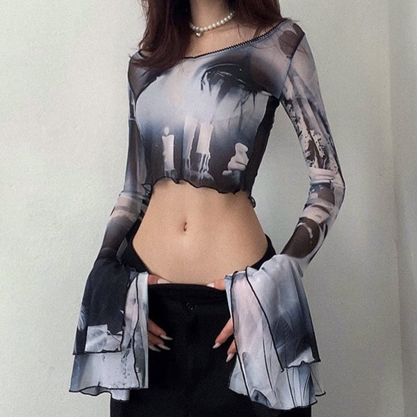 Goth Dark Punk Aesthetic Print Mesh Women's Crop Tops Gothic Flare Sleeve See Through T-shirts Emo Lettuce Hem