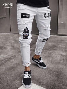 White Embroidery Jeans Men Cotton Stretchy Ripped Skinny Jeans High Quality Hip Hop Black Hole Slim Fit Oversize Denim Pants