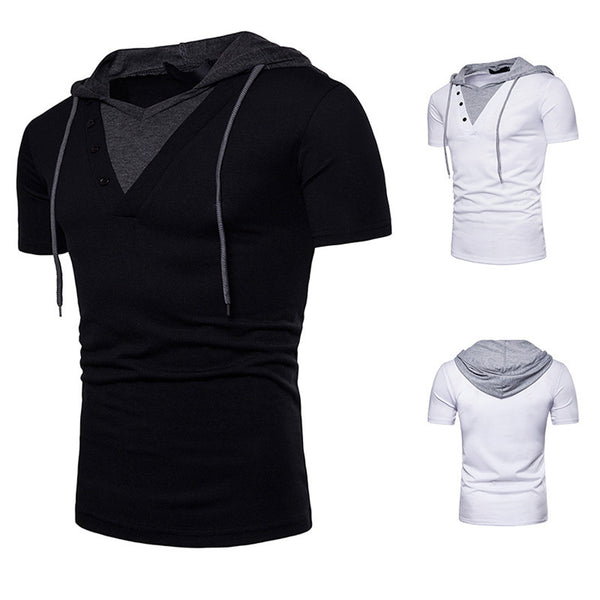 Hooded T shirt Men Fashion Patchwork Korean Short Sleeve Pullover Top Soft Large Size Loose Men T-shirt Streetwear Blusa