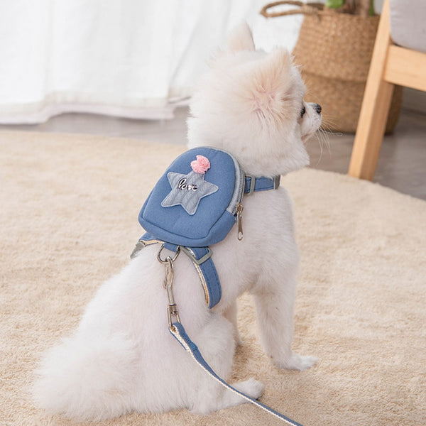 Pet Cute Dog Cat Harness with backpack Medium small Dog Lead Walking Running training Leashes Dogs Chest Strap star pattern Vest