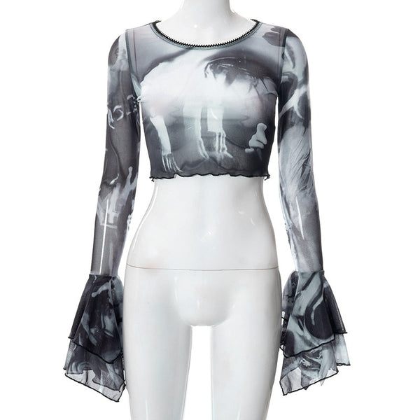 Goth Dark Punk Aesthetic Print Mesh Women's Crop Tops Gothic Flare Sleeve See Through T-shirts Emo Lettuce Hem