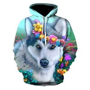 Husky print sweater men's and women's 3D loose pullovers couples fashion streetwear
