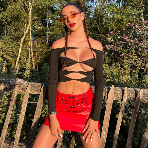 Cryptographic Hot Sexy Cut Out Rave Festival Women Tops Fashion Outfits Long Sleeve Cropped Tops
