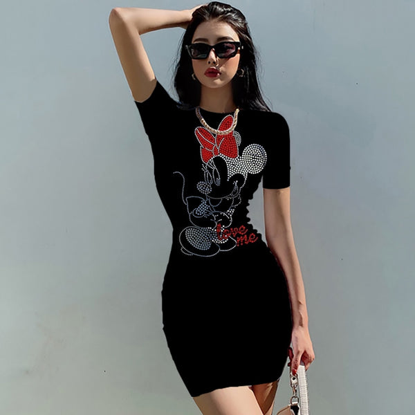 Disney Minnie & Mickey Mouse Bow Print Dress Short Sleeve Casual