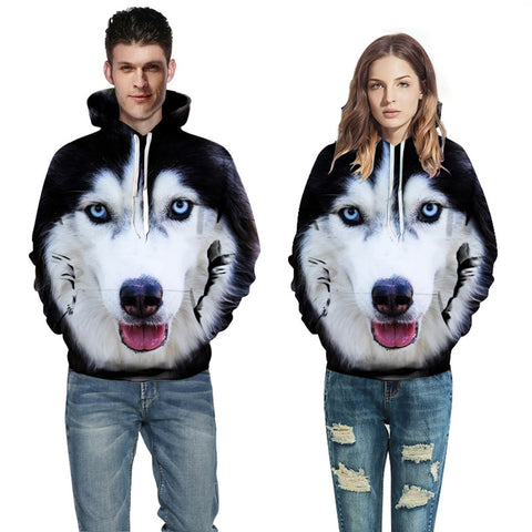 Husky print sweater men's and women's 3D loose pullovers couples fashion streetwear