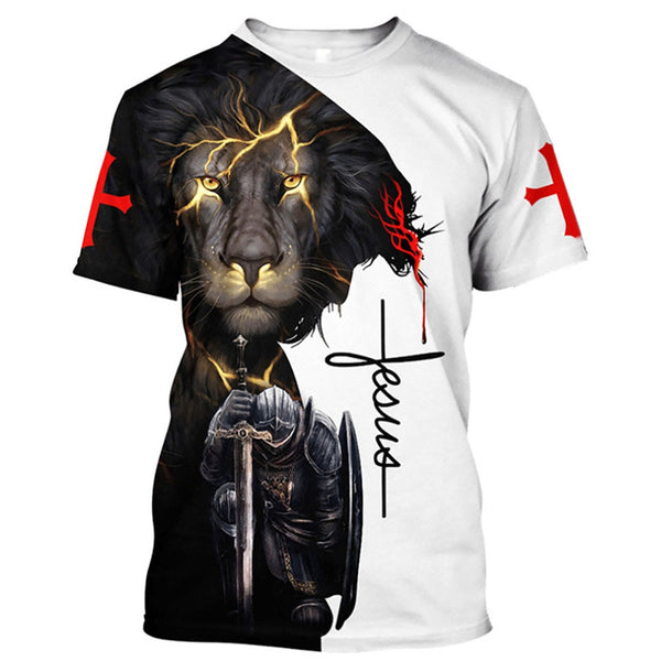 Christ Jesus And Lion 3D Print Men's T-shirts 0-Neck Short Sleeve Streetwear