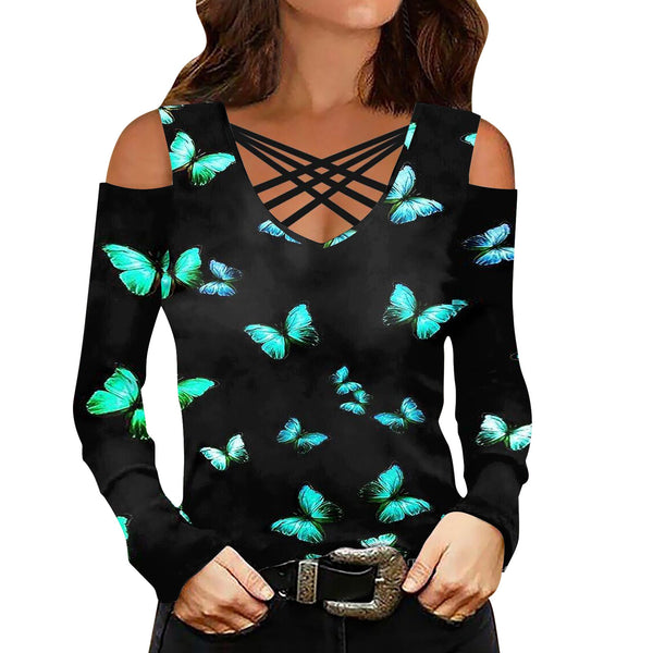 Butterfly print Women's T-Shirt Sexy Off Shoulder Long Sleeve V Neck Pullover Ladies Blouse Summer Casual Top