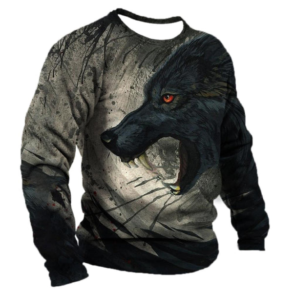 Men's Cotton Long Sleeve T-shirt Winter 3D Animal Print T Shirts Street Fashion Wolf Pattern Tops Tees Oversized Men's Clothing