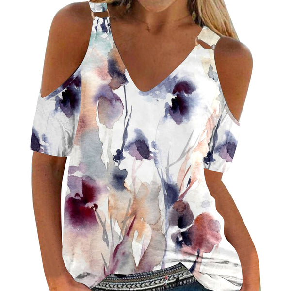 Fashion Print Off Shoulder Ladies Tops Summer Sexy V Neck Short Sleeve Casual Blouse 2022 Hot  Women Outfits Party Dress Shirts
