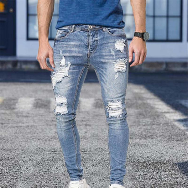 White Embroidery Jeans Men Cotton Stretchy Ripped Skinny Jeans High Quality Hip Hop Black Hole Slim Fit Oversize Denim Pants