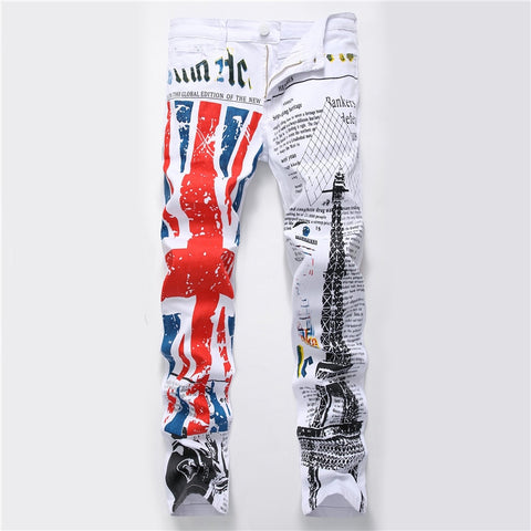 Stylish cool mens pants jeans with print graffiti painted denim slim fit white jeans men hip hop rock street wear