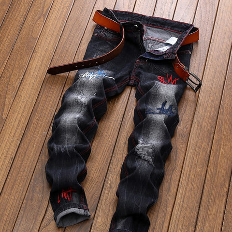 Ripped Denim Jeans High Quality Straight Black Embroidered