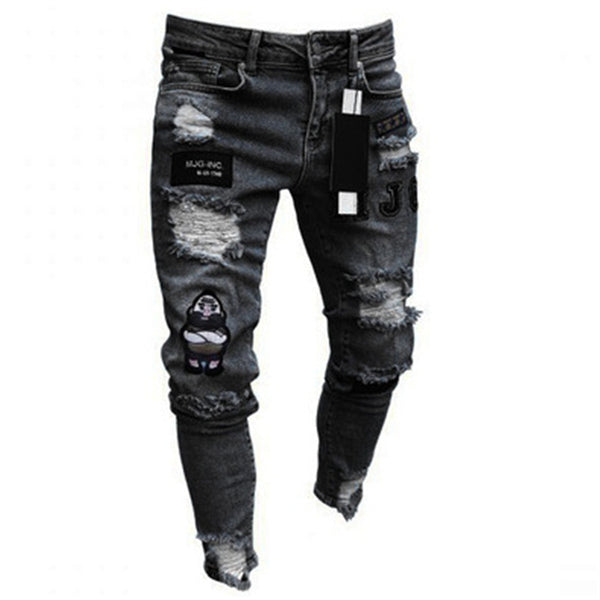 Men's Stretchy Ripped Skinny Biker Embroidery Print Jeans Destroyed Hole Taped Slim Fit