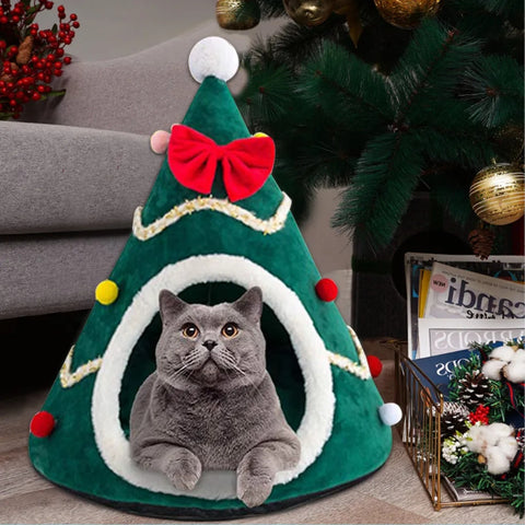 Cat Bed House Christmas Tree Shape Puppy Kennel Washable Cat Mat Kitten Cave Winter Warm Pet Beds for Cats Dogs Pet Accessories